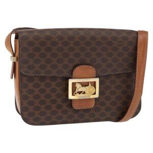 Authentic CELINE Macadam Canvas Horse Carriage Bag PVC Leather Brown Gold